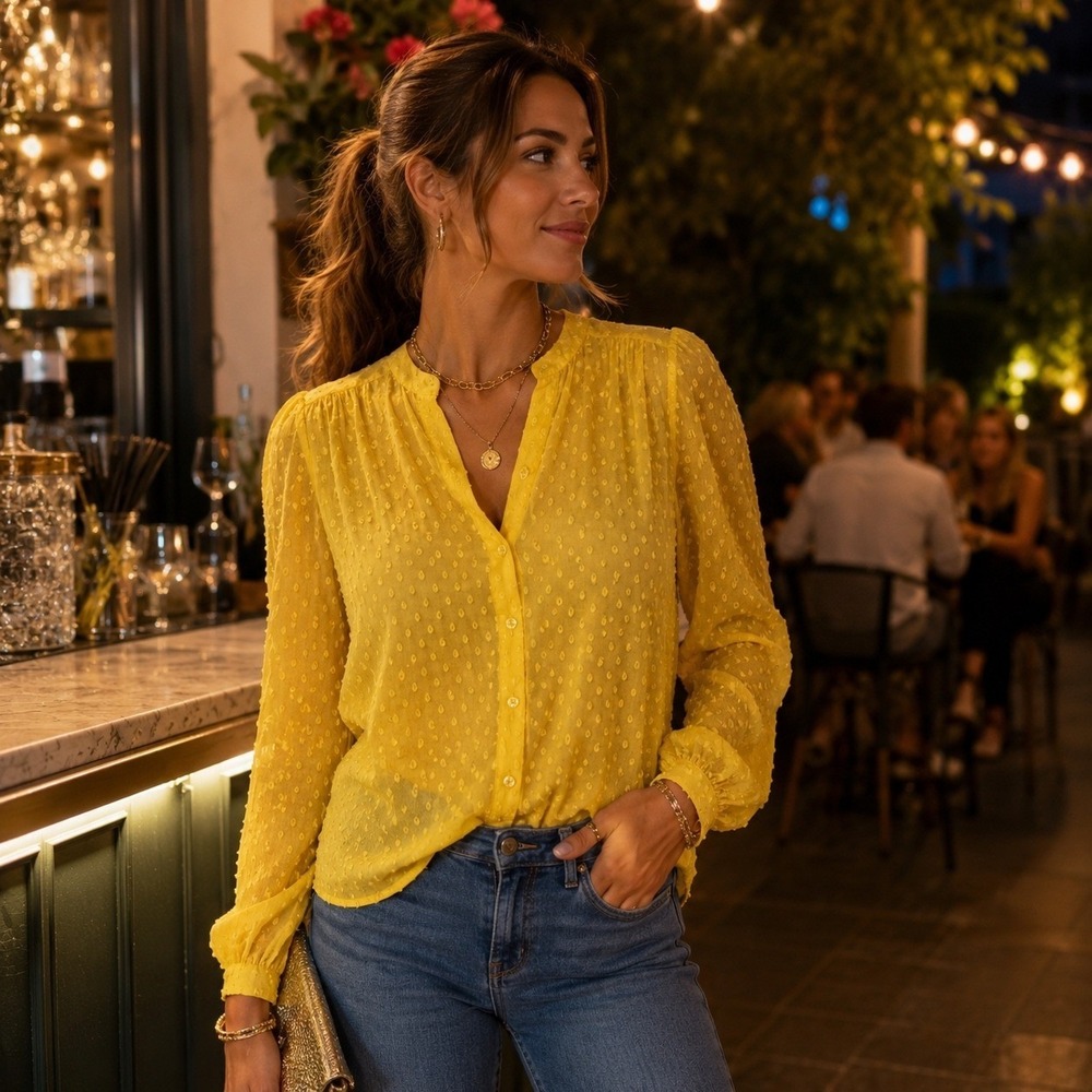 Banana Republic Blouse Womens Small Yellow Clip Dot Button Up Polyester